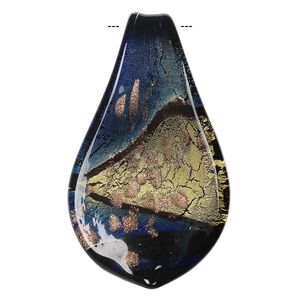 Pendant, lampworked glass, blue and black with gold-colored foil and copper-colored glitter, 59x35mm spoon. Sold individually.