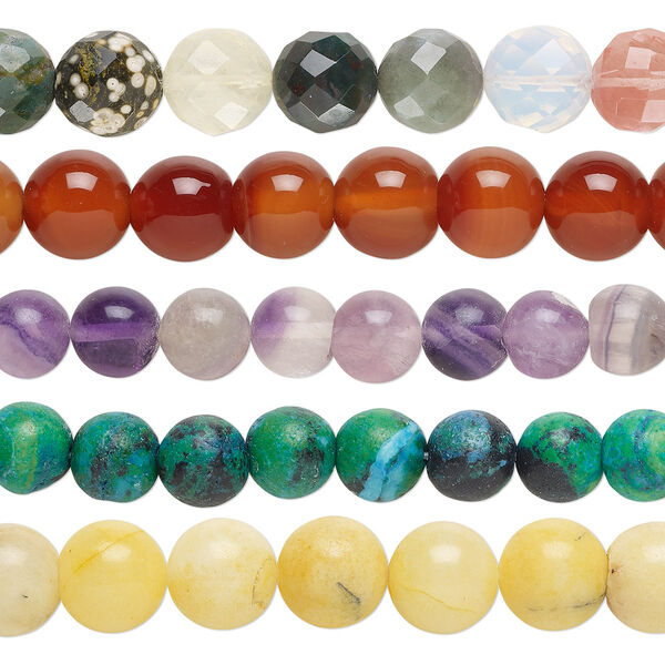 Bead, glass and multi-gemstone (natural / dyed / stabilized / heated / irradiated / man-made / imitation), mixed colors, 10-12mm round with 0.4-1.4mm hole, C grade, Mohs hardness 3 to 7. Sold per pkg of (5) 15-inch strands. image number 0
