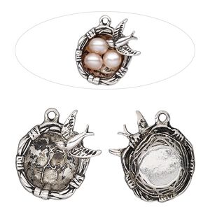 Charm, antique silver-finished "pewter" (zinc-based alloy), 24x22mm 3D bird nest, fits (3) 4mm beads. Sold per pkg of 2.