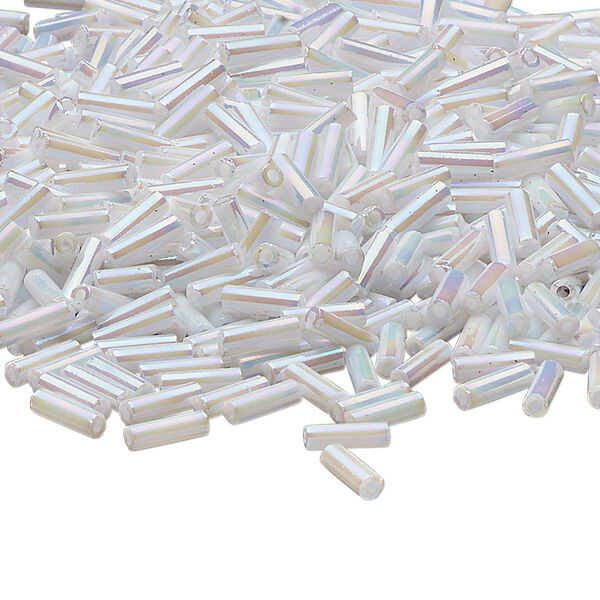 Bugle bead, Dyna-Mites™, glass, opaque white AB, #3. Sold per 35-gram pkg. image number 0