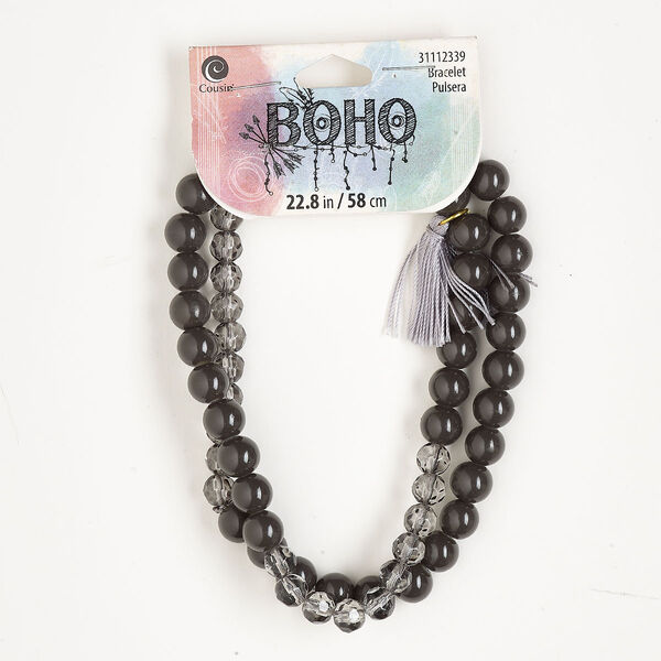 Necklace, continuous, gold-finished steel / nylon / glass, taupe and grey, 10mm round / 10mm round / 1-inch tassel, 22 inches. Sold individually. image number 0