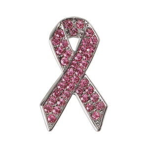 Spot pin 1pkg1, imitation rhodium-plated "pewter" (zinc alloy) / glass rhinestone, pink, 35x21mm awareness ribbon