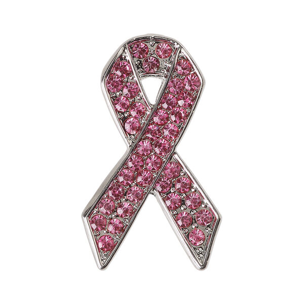 Spot pin 1pkg1, imitation rhodium-plated "pewter" (zinc alloy) / glass rhinestone, pink, 35x21mm awareness ribbon image number 0