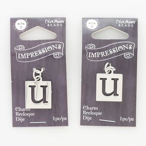Drop, steel and silver-finished "pewter" (zinc-based alloy), 16x15mm square with alphabet letter "U" cutout. Sold per pkg of 2.