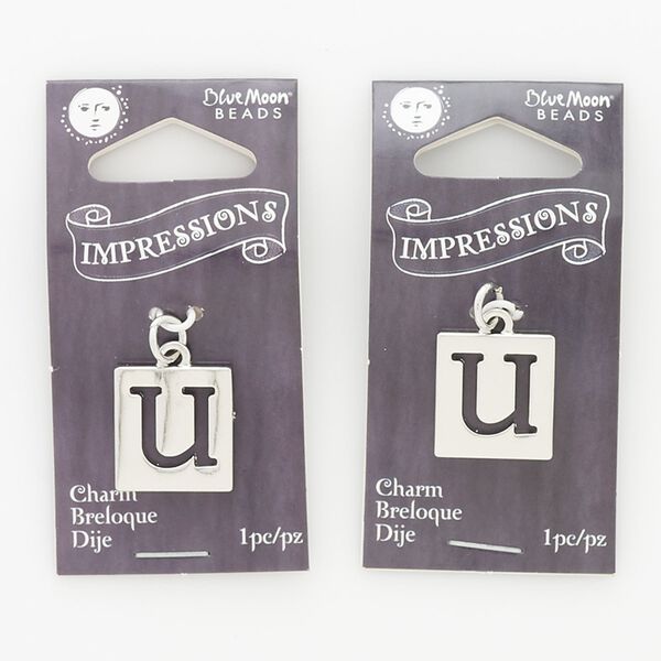 Drop, steel and silver-finished "pewter" (zinc-based alloy), 16x15mm square with alphabet letter "U" cutout. Sold per pkg of 2. image number 0