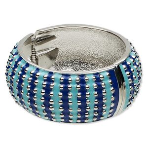 Bracelet, hinged bangle, epoxy and rhodium-finished "pewter" (zinc-based alloy), dark and light blue, 32mm wide with raised dot design, 7 inches. Sold individually.
