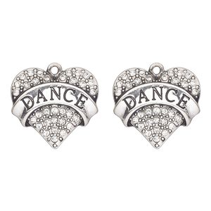 Charm, antique silver-finished "pewter" (zinc-based alloy) and glass, clear, 24x22mm single-sided heart with "dance". Sold per pkg of 2.