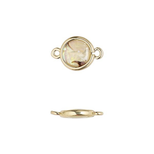 Link, paua shell and gold-finished brass (assembled), 9.5-10.5mm double-sided round. Sold per pkg of 4. image number 0