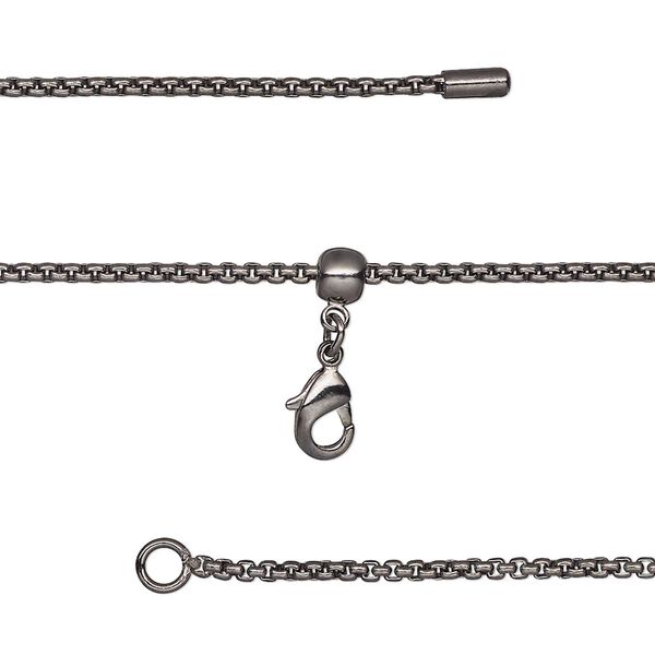 Chain, silicone and black-finished brass, 1.4mm square rolo, adjustable from 16 to 23-1/2 inches with lobster claw clasp and adjustable slider bead. Sold individually. image number 0