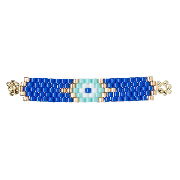 Focal, Creative Touch, glass, cobalt blue and multicolored, 40x7mm rectangle with wards-off-the-evil-eye design. Sold individually. image number 0