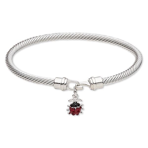Bracelet, bangle, enamel / Czech glass rhinestone / silver-plated brass / "pewter" (zinc-based alloy), red and black, 4mm twisted cable with 13x9mm ladybug, 7-1/2 inches with hook-and-eye clasp. Sold individually. image number 0