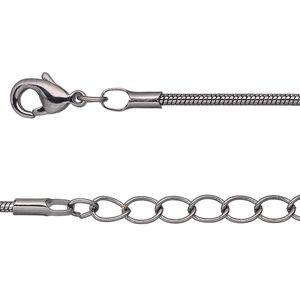 Chain, gunmetal-plated brass, 1.5mm snake, 36 inches with 1-inch extender chain and lobster claw clasp. Sold per pkg of 2.
