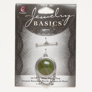Clasp toggle 1pkg1 "pewter" (zinc alloy), 24x25mm round, silver-finished / acrylic multi-color 1-strand
