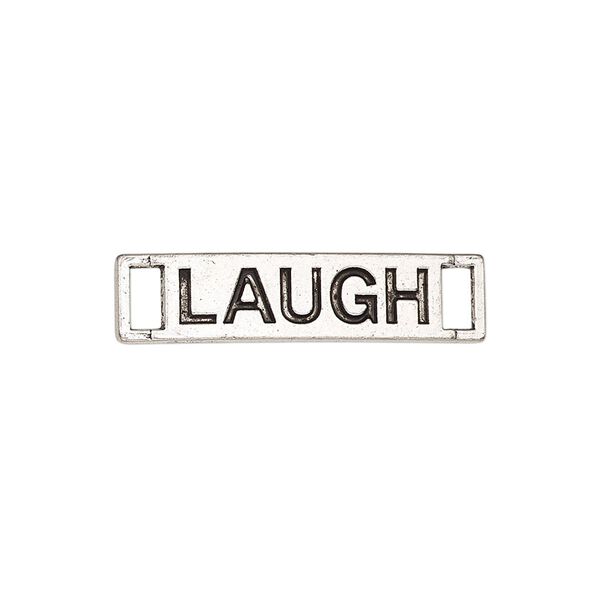 Link, antique silver-finished "pewter" (zinc-based alloy), 27.5x6.5mm single-sided curved flat rectangle with "LAUGH." Sold per pkg of 2. image number 0
