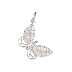Charm, cubic zirconia and rhodium-plated sterling silver, clear, 22mm single-sided butterfly. Sold individually.