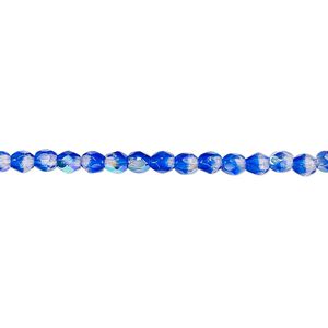 Bead, Czech fire-polished glass, two-tone, crystal/dark blue AB, 3mm faceted round. Sold per 15-1/2" to 16" strand.