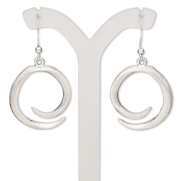 Earring, imitation rhodium-plated brass and "pewter" (zinc-based alloy), 41mm with brushed swirl and fishhook ear wire. Sold per pair. image number 0