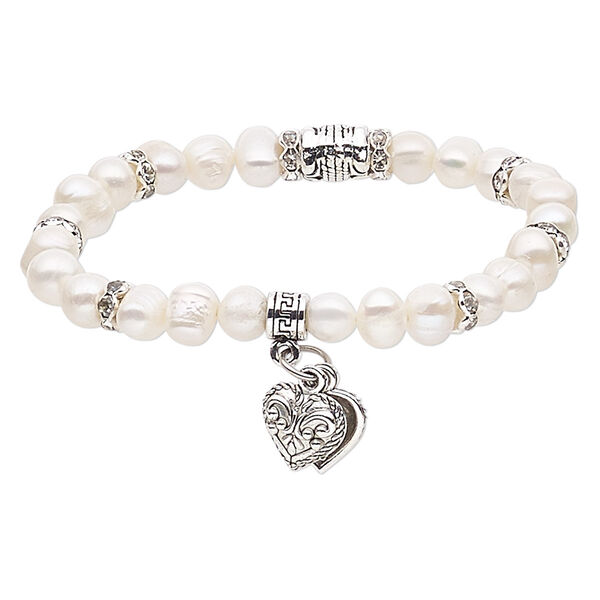 Bracelet, stretch, cultured freshwater pearl (bleached) / glass rhinestone / silver- / antique silver-plated steel / "pewter" (zinc-based alloy), white and clear, 7mm wide with 10x10mm heart, 6-1/2 inches. Sold individually. image number 0