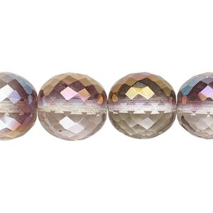 Bead, Czech fire-polished glass, clear and blush, 14mm faceted round. Sold per 15-1/2" to 16" strand.