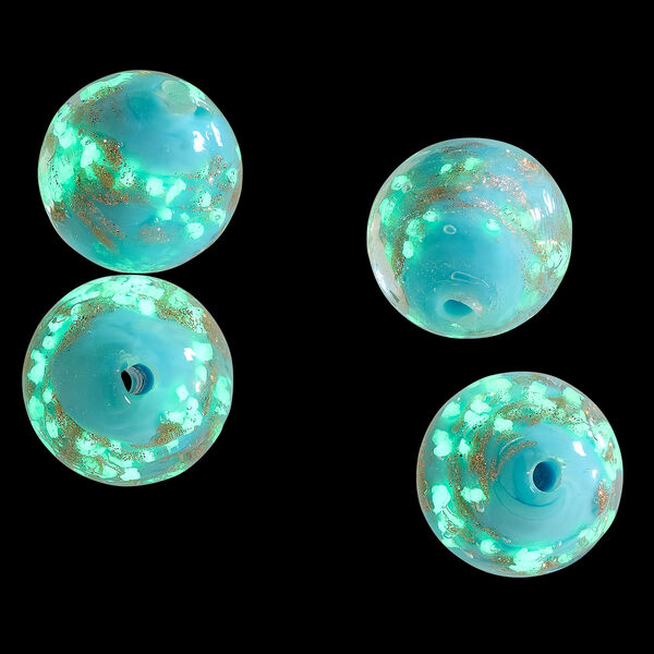Bead, lampworked glass, clear / light blue / glow-in-the-dark / gold, 14mm round. Sold per pkg of 4. image number 1