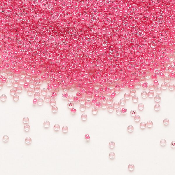Seed bead, Miyuki, glass, pkg/35g, #15 rocaille, translucent carnation pink-lined luster crystal clear (RR-208). image number 0
