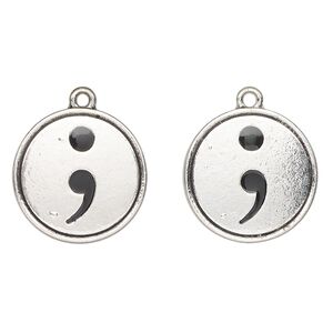 Charm, antique silver-finished enamel "pewter" (zinc-based alloy), black, 21mm round with semi-colon. Sold per pkg of 2.