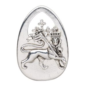 Focal, antique silver-finished "pewter" (zinc-based alloy), 44x30mm single-sided teardrop with lion and crown with scepter. Sold per pkg of 2.