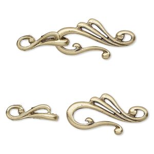 Clasp, hook-and-eye, antiqued brass, 39x13mm swirl. Sold individually.