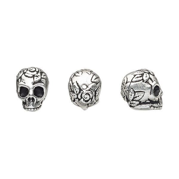 Bead, TierraCast®, antique silver-plated pewter (tin-based alloy), 10x8mm 3D skull with rose and leaf design. Sold per pkg of 20. image number 0