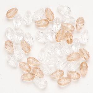 Glass 1pkg45, faceted teardrop bead mix peach / clear 11x7mm-12x8mm