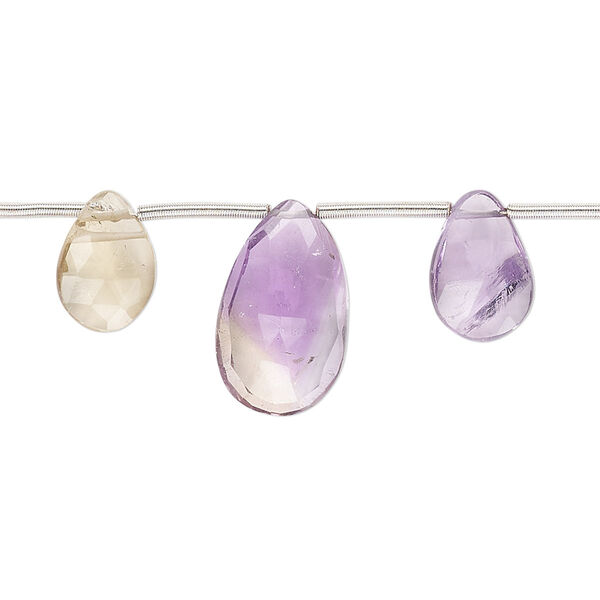 Bead, ametrine and amethyst (natural), 10x7mm-16x10mm hand-cut top-drilled faceted puffed teardrop with 0.4-1.4mm hole, C grade, Mohs hardness 7. Sold per pkg of 14. image number 0