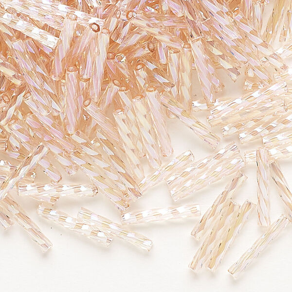Bugle bead, Dyna-Mites™, glass, transparent rainbow pink, 12mm twisted. Sold per 1/2 kilogram pkg. image number 0