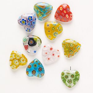 Bead, millefiori glass, pkg/10, translucent and transparent multicolored, 14mm half-drilled puffed heart.