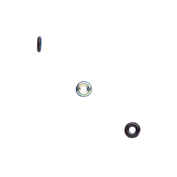 Bead, Czech pressed glass, opaque jet with half-coat AB, 4x1mm ring. Sold per pkg of 100. image number 0