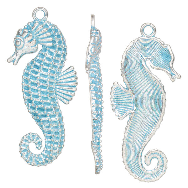 Focal, antique silver-finished pewter (tin-based alloy), blue patina, 59x29mm single-sided seahorse. Sold individually. image number 0