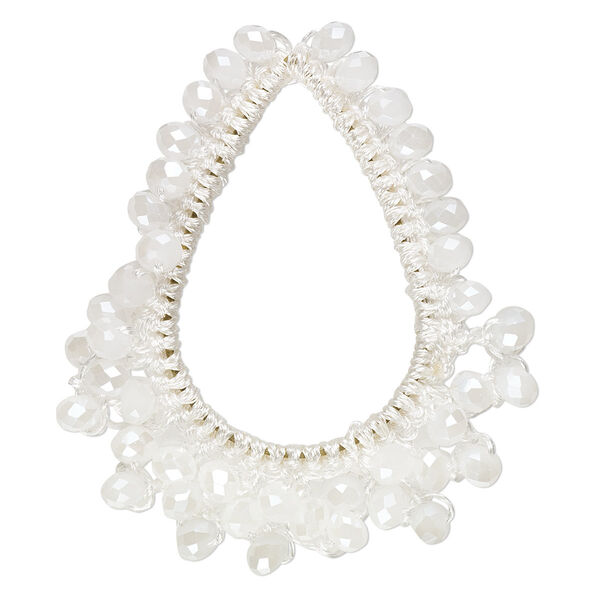 Focal, glass / nylon / steel, white AB, 52x43mm-55x44mm open teardrop with fringe.. Sold per pkg of 2. image number 0