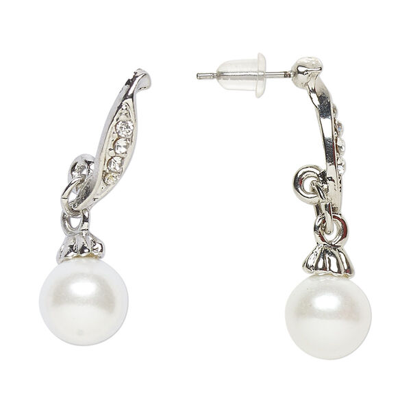 Earring, Everyday Jewelry, antique silver-finished "pewter" (zinc-based alloy) / glass / acrylic pearl, clear and white, 33mm with post. Sold per pair. image number 0