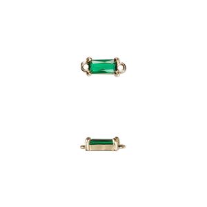 Link, glass and gold-finished brass, dark green, 7.5x4mm faceted rectangle. Sold per pkg of 10.