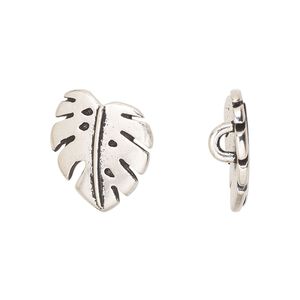 Button, TierraCast®, antique silver-plated pewter (tin-based alloy), 15x13.5mm monstera leaf with closed loop. Sold per pkg of 2.