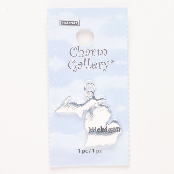 Charm, steel and enamel, pkg/1, silver finish and black, 30x24mm with "Michigan." image number 0