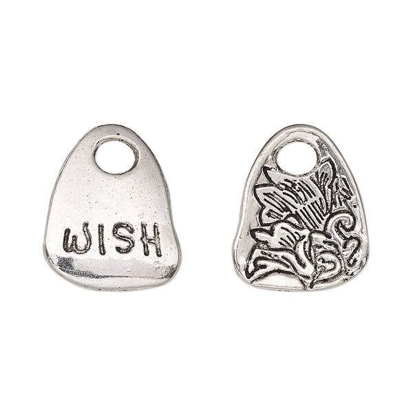 Drop, antique silver-finished "pewter" (zinc-based alloy), 18x15mm two-sided flat freeform with "WISH" and flower design. Sold per pkg of 2. image number 0