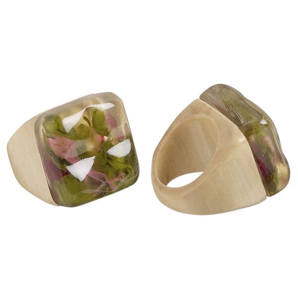 Ring, Everyday Jewelry, Taiwanese cheesewood, purple and green, 17mm square, size 6. Sold individually. image number 0