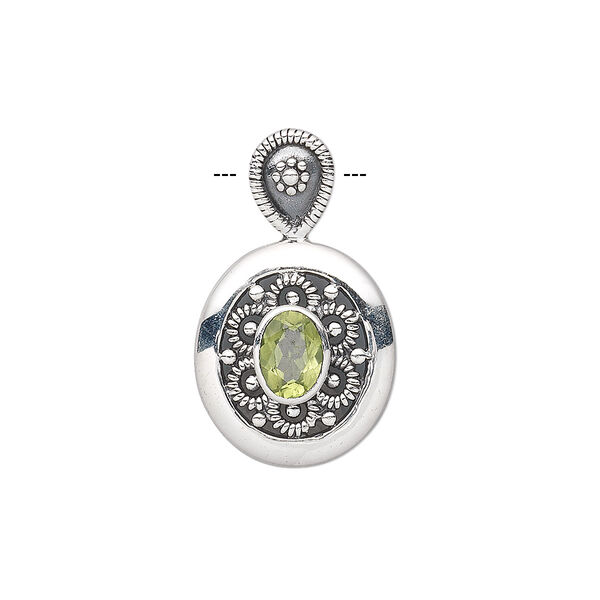 Pendant, peridot (natural) and antiqued sterling silver, 26x16mm oval with 8x6mm faceted oval. Sold individually. image number 0