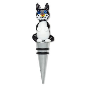 Bottle stopper, lampworked glass / rubber / silver-plated "pewter" (zinc-based alloy), multicolored, 4-3/4 x 1-1/3 inches with cat and 2 rings. Sold individually.