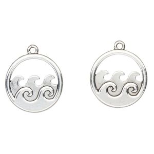 Charm, antique silver-finished "pewter" (zinc-based alloy), 23mm round with waves cutout. Sold per pkg of 2.