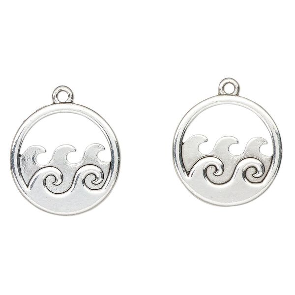 Charm, antique silver-finished "pewter" (zinc-based alloy), 23mm round with waves cutout. Sold per pkg of 2. image number 0