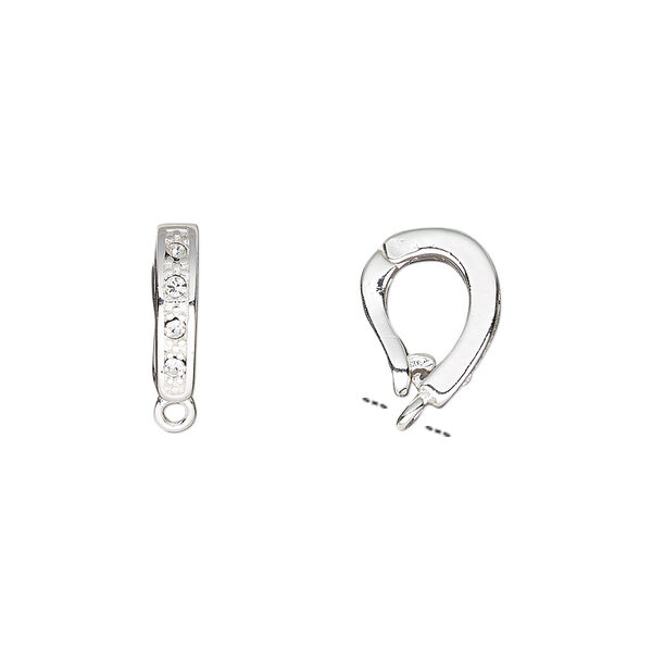Bail, Czech glass rhinestone and silver-plated brass, clear, 12x3mm single-sided hinged oval with closed loop, 6mm grip length. Sold per pkg of 2. image number 0