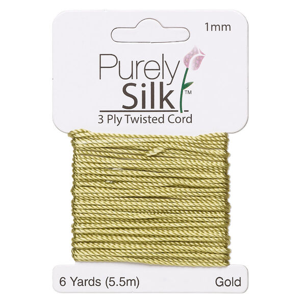 Cord, Purely Silk™, gold-green, 1mm twisted, 3-ply. Sold per 6-yard card. image number 0
