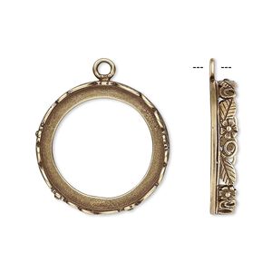 Drop, JBB Findings, antiqued brass, 22mm round with open back and flower and leaf design trim, 20mm round bezel setting. Sold per pkg of 2.