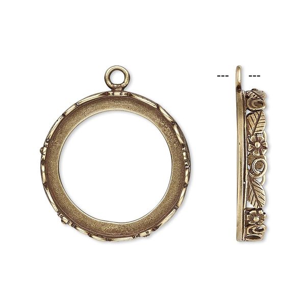 Drop, JBB Findings, antiqued brass, 22mm round with open back and flower and leaf design trim, 20mm round bezel setting. Sold per pkg of 2. image number 0